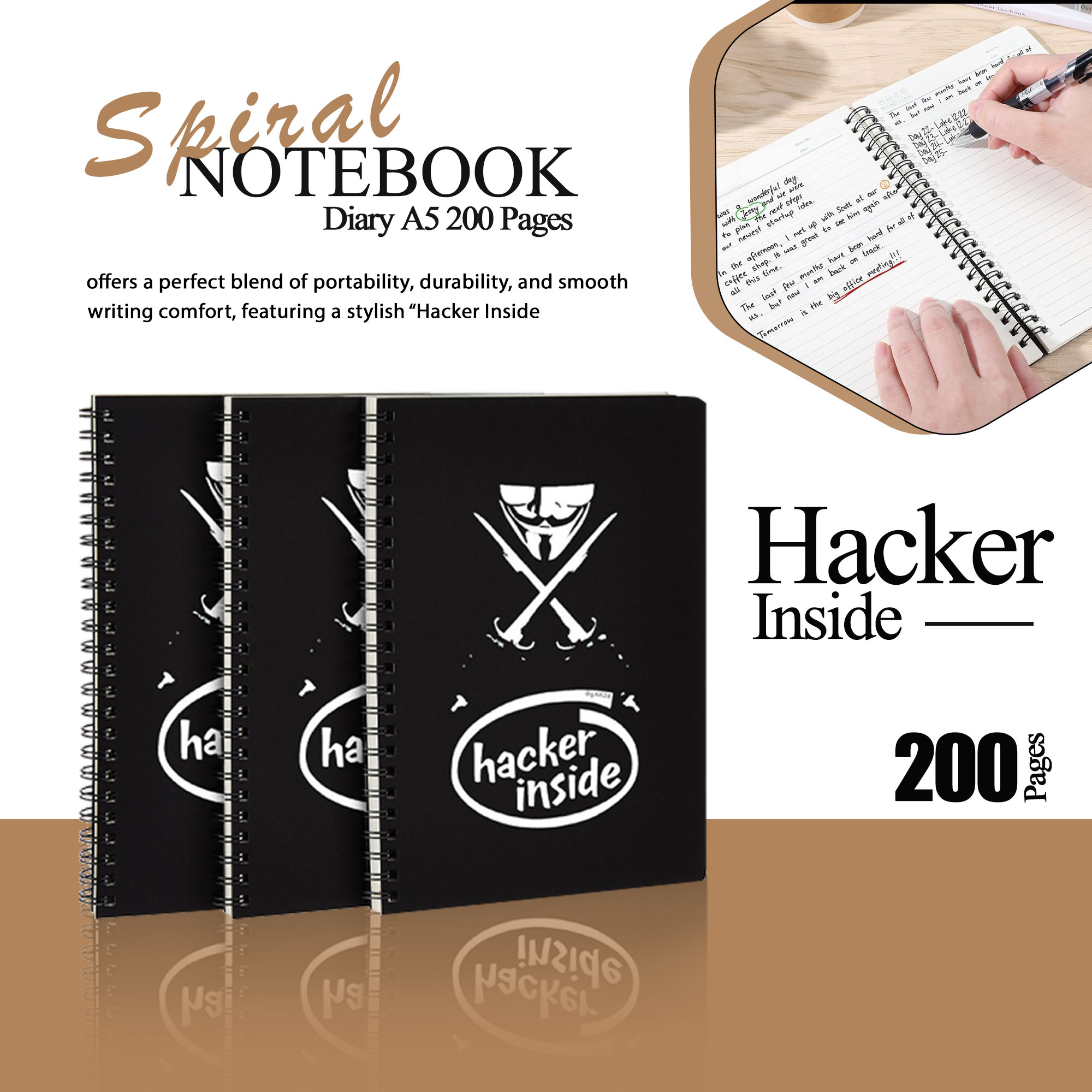 Spiral Notebook Diary A5 200 Pages - Hacker Inside