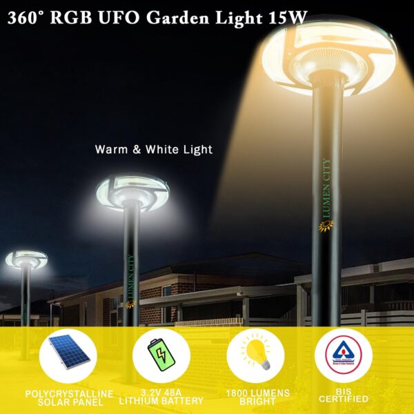 360° Solar Powered UFO Garden Light With RGB Ring 15W - Image 6